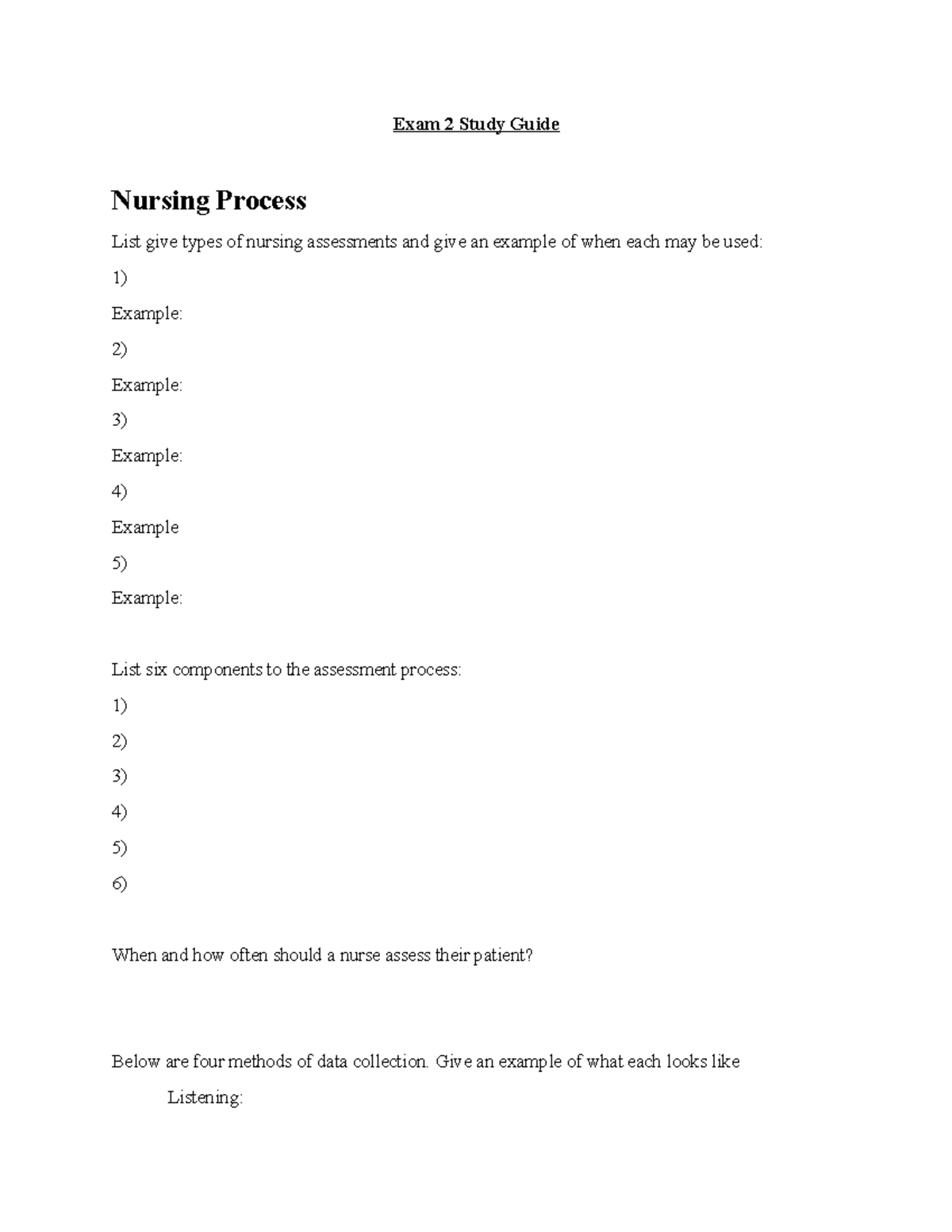 study guide exam 2 - Exam 2 Study Guide Nursing Process List give types ...
