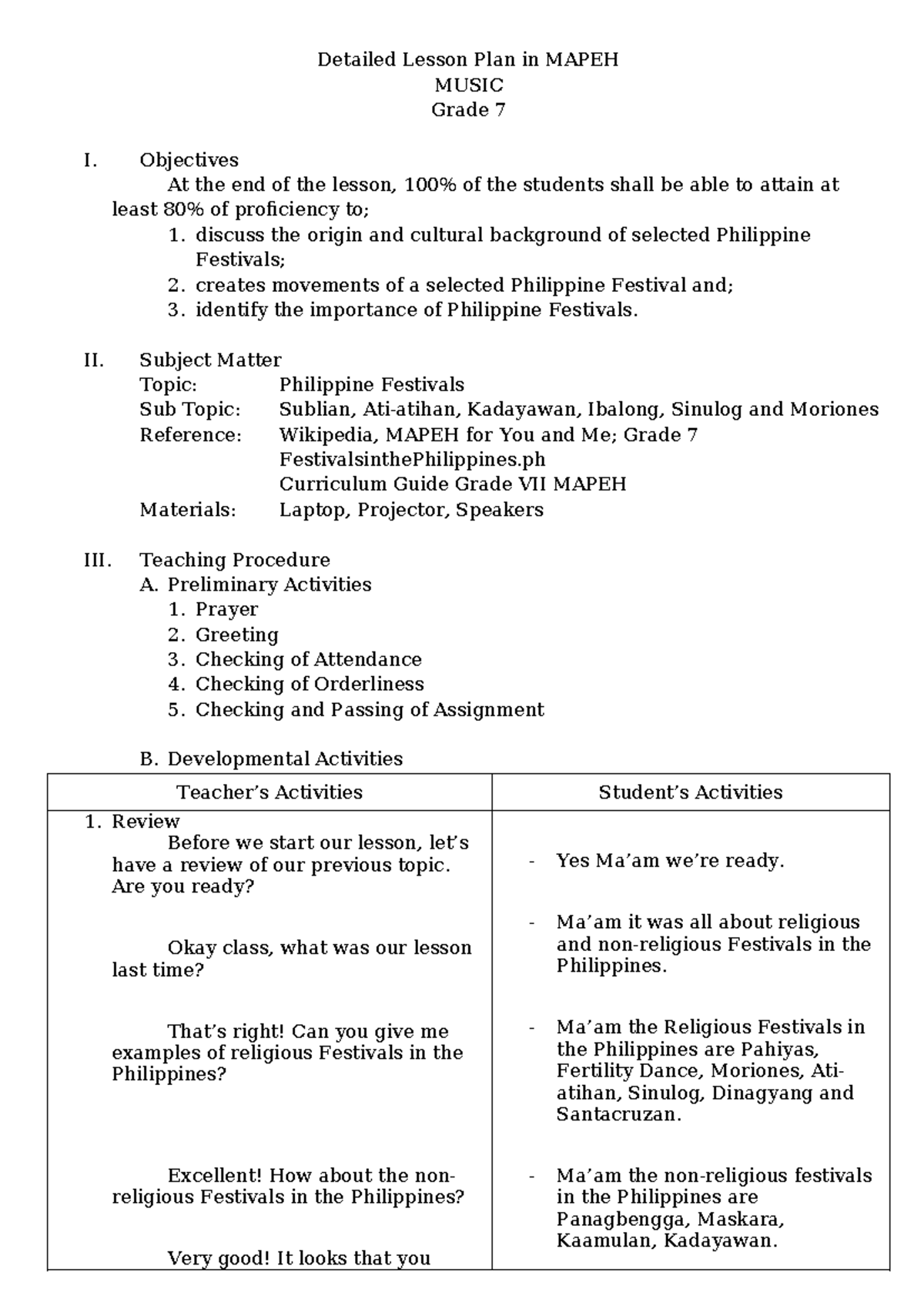 Grade 7 MAPEH Music: Detailed Lesson Plan on Philippine Festivals - Studocu