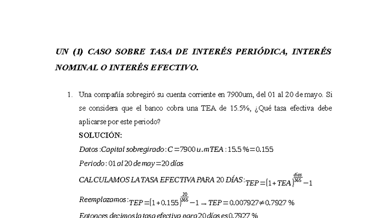 UN (1) CASO SOBRE TASA DE INTERÉS Y TCEA - Finanzas - Studocu