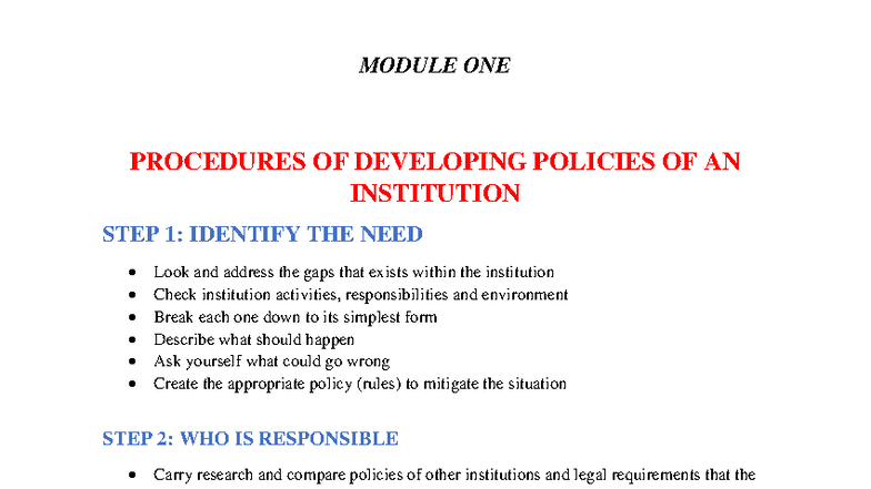MODULE ONE: DEVELOPING INSTITUTIONAL POLICIES - STEP-BY-STEP GUIDE ...