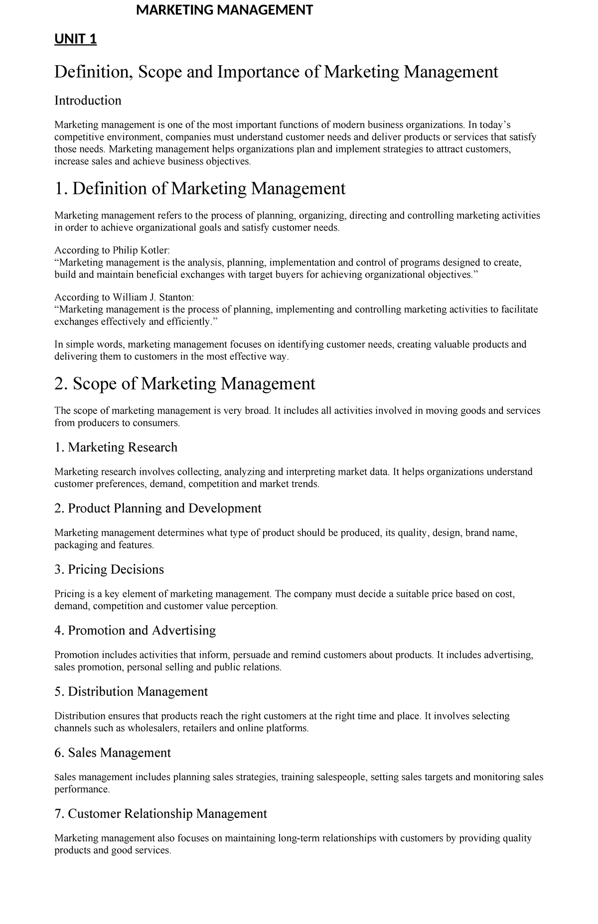 MBA Marketing Management Unit 1: Definition, Scope & Importance - Studocu