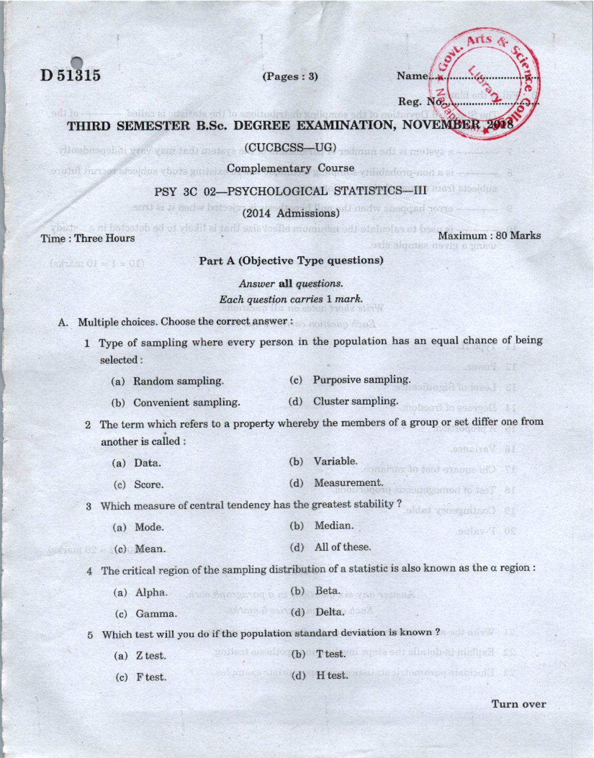 PSY 3C 02 D 51315 - Previous years questions - Arts COOK D 51315 (Pages ...