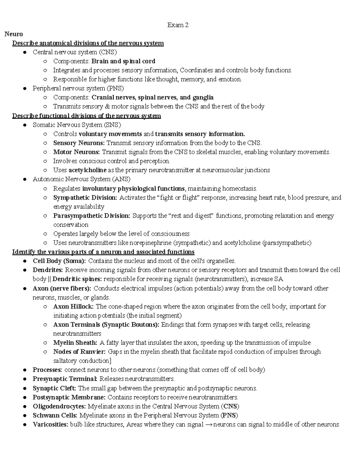Human Physiology Exam 2: Neuro Exam Notes and Learning Objectives ...
