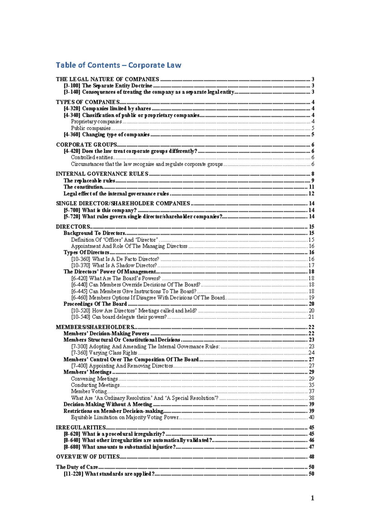 H1 notes blaw2000 1 corporate law exam notes - Table of Contents ...