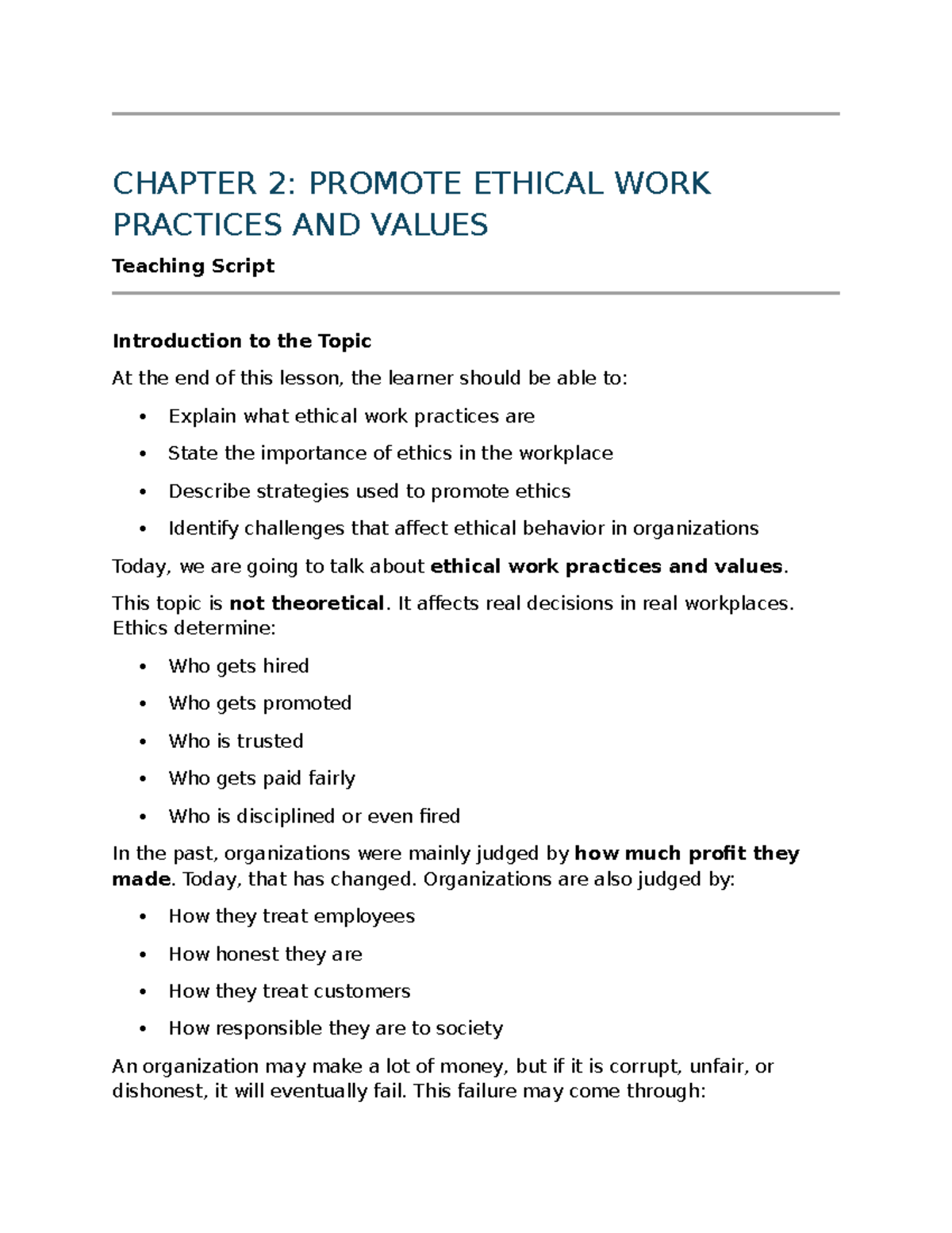CHAPTER 2: PROMOTE ETHICAL WORK PRACTICES AND VALUES Lecture Notes ...