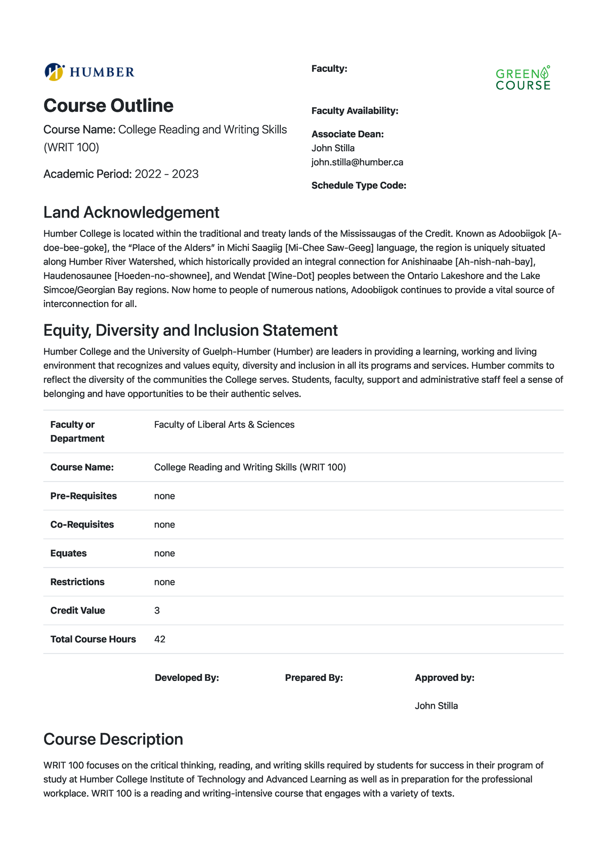 WRIT 100 Outline - 2022-2023 - Course Outline Course Name: College ...