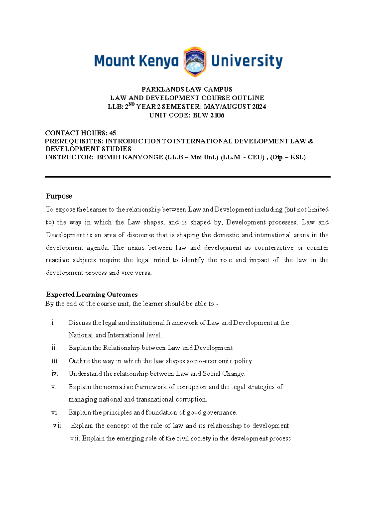 LAW AND DEVELOPMENT COURSE OUTLINE BLW 2106 MAY-AUG 2024 - Studocu