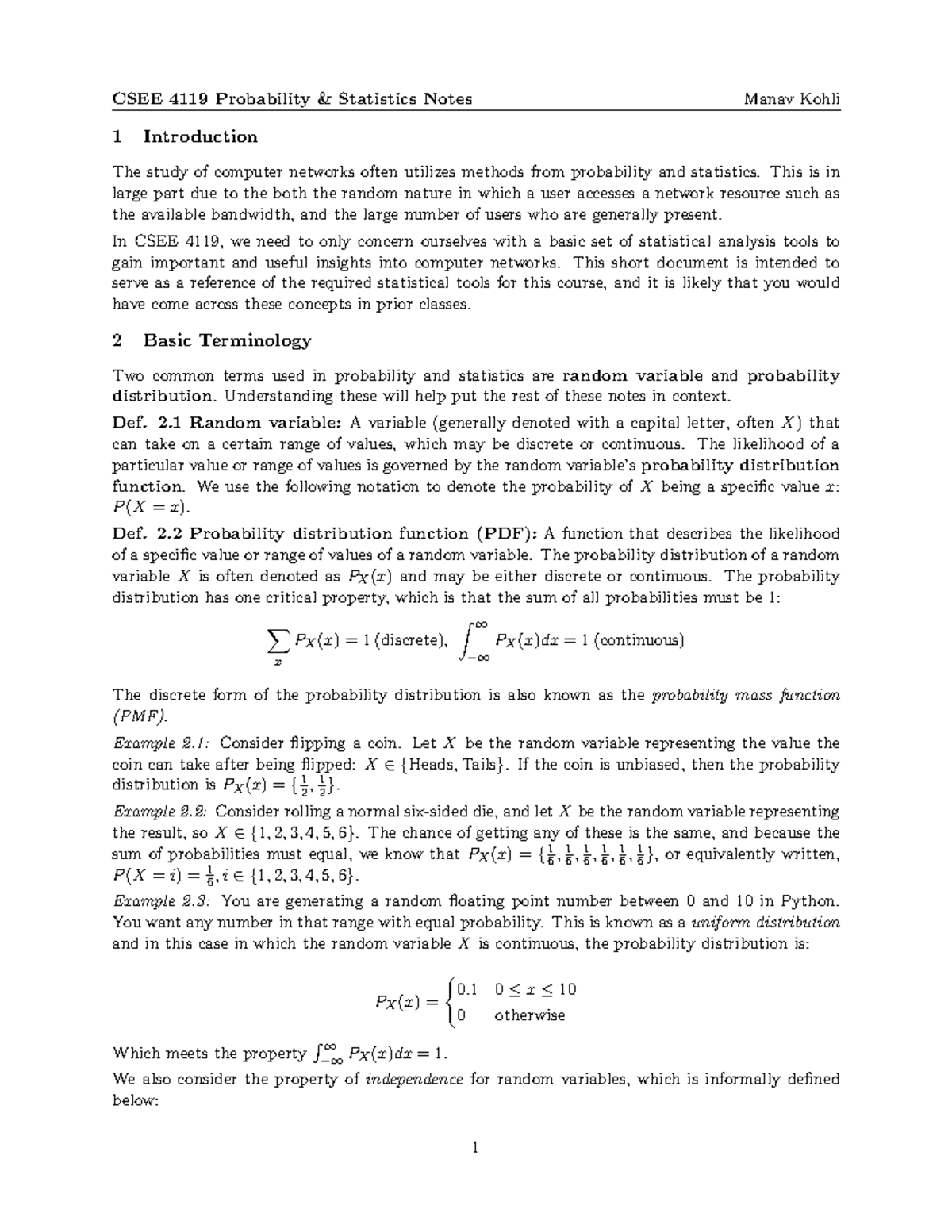 CSEE 4119 Probability and Statistics Lecture Notes by Manav Kohli - Studocu