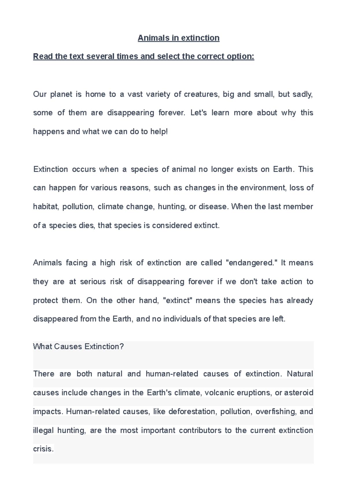 A2 LEVEL READING COMPREHENSION: Understanding Animal Extinction - Studocu
