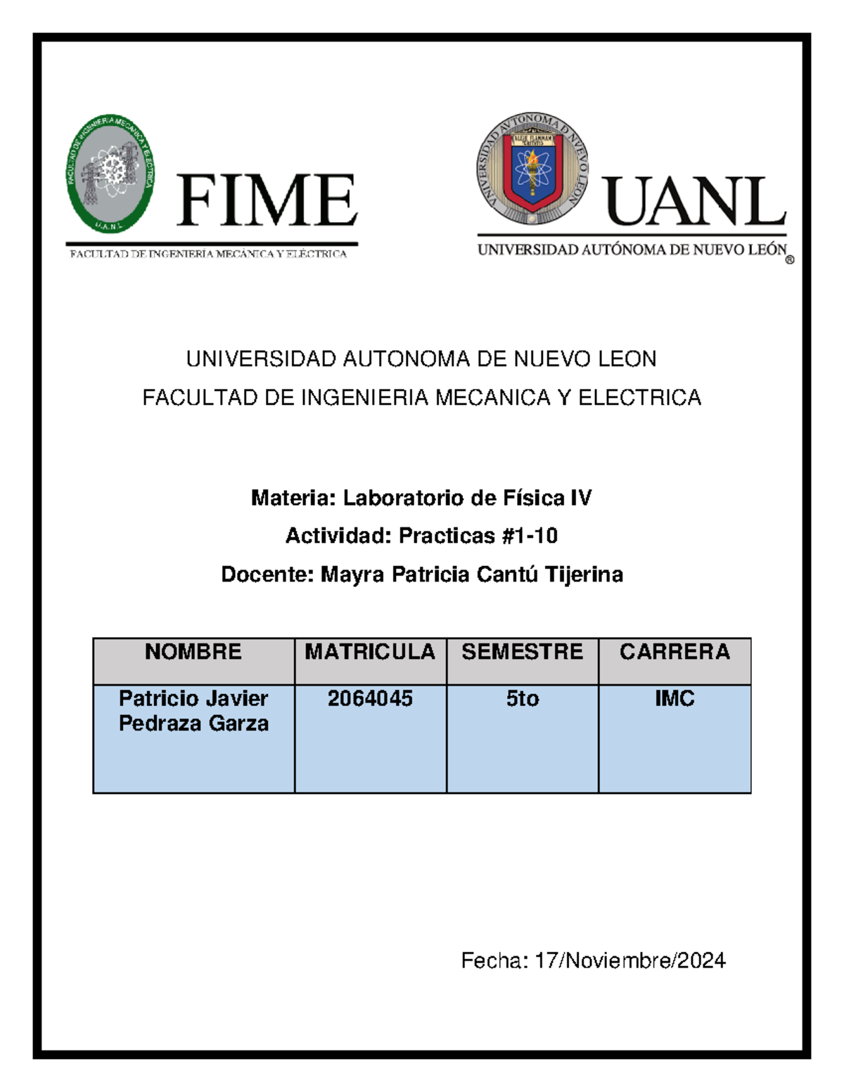 Practica#1-10 Lab Fisica IV - UNIVERSIDAD AUTONOMA DE NUEVO LEON ...