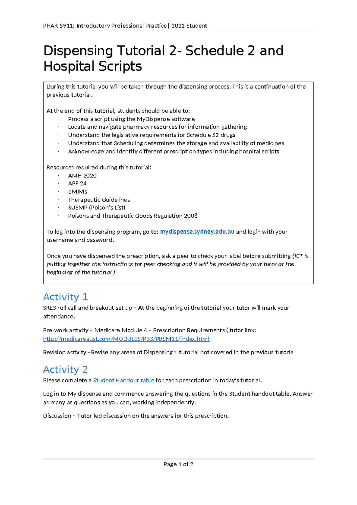 PHAR 5911: Dispensing Tutorial 2 – S2 & Hospital Scripts Insights 2021 ...