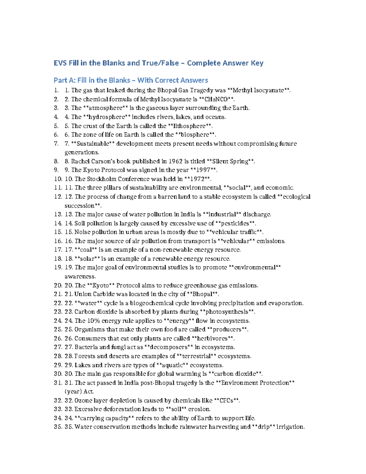 EVS Complete Answer Key: Fill in the Blanks & True/False - Studocu