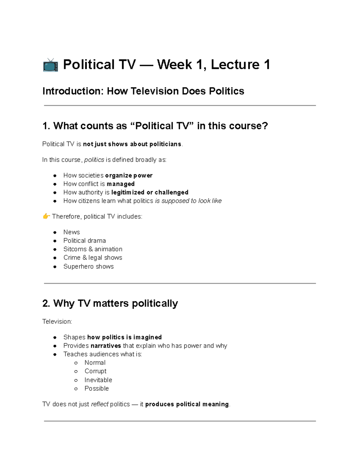 PS 101 Week 1 Lecture Notes: How TV Influences Politics - Studocu