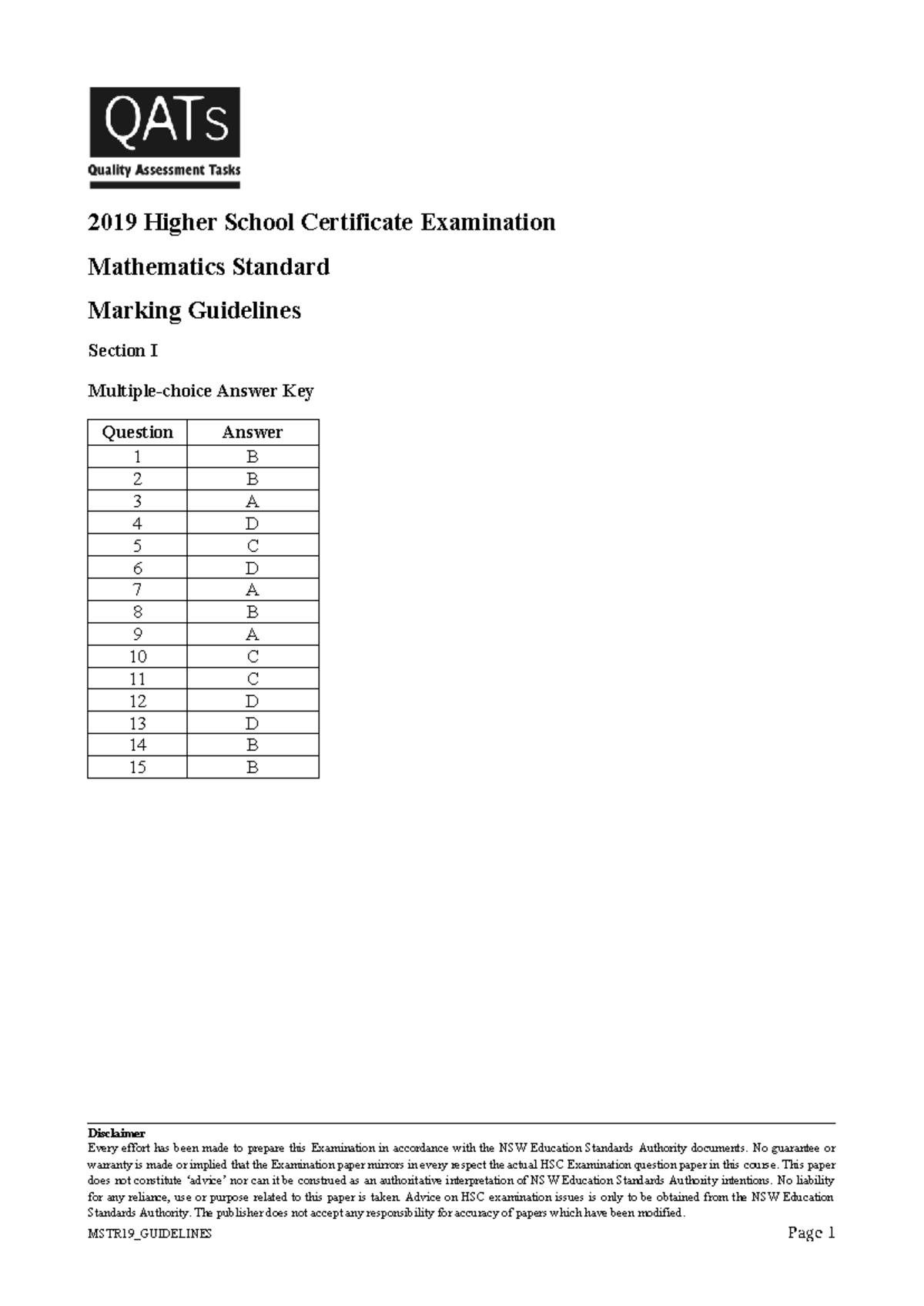 2019 HSC Mathematics Standard MSTR19 Marking Guidelines & Answer Key ...