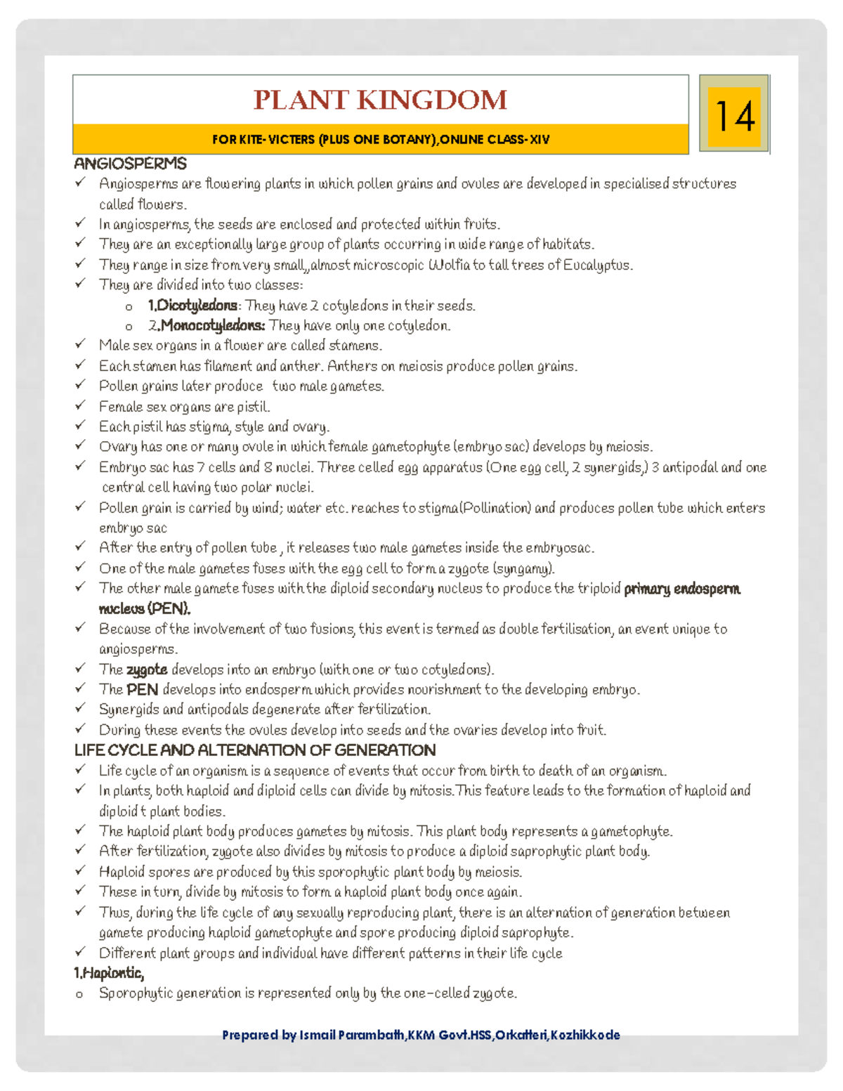 Plus One Botany Online Class XIV Notes: Plant Kingdom Overview - Studocu
