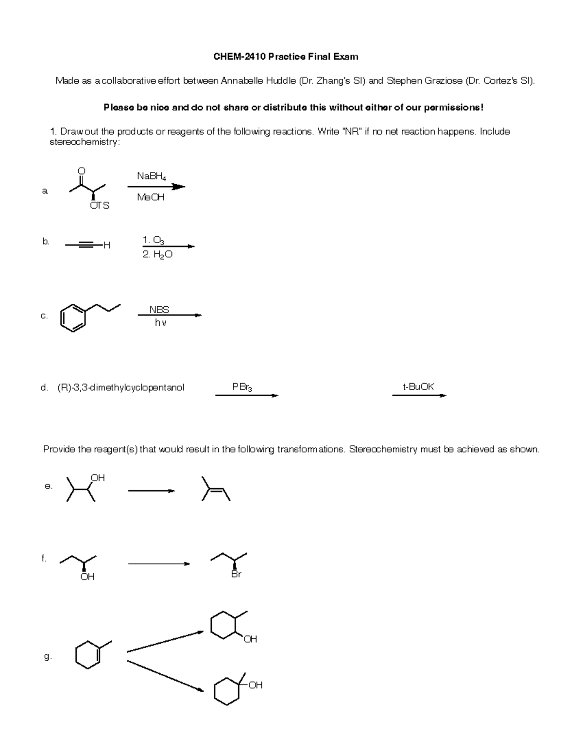 Orgo 101: Practice Final Exam Review and Reaction Mechanisms - Studocu