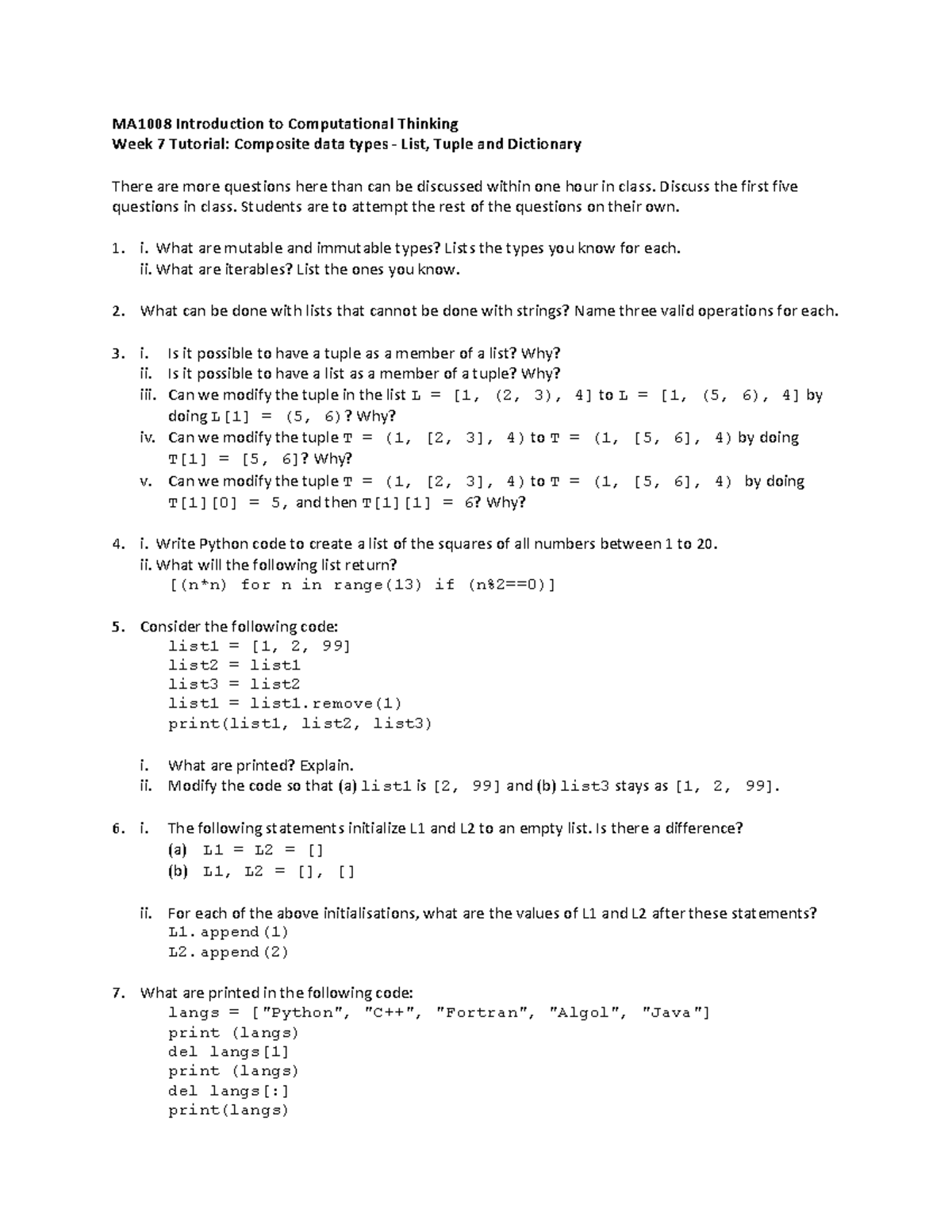 Week 7 tutorial Composite data types - MA1008 Introduction to ...
