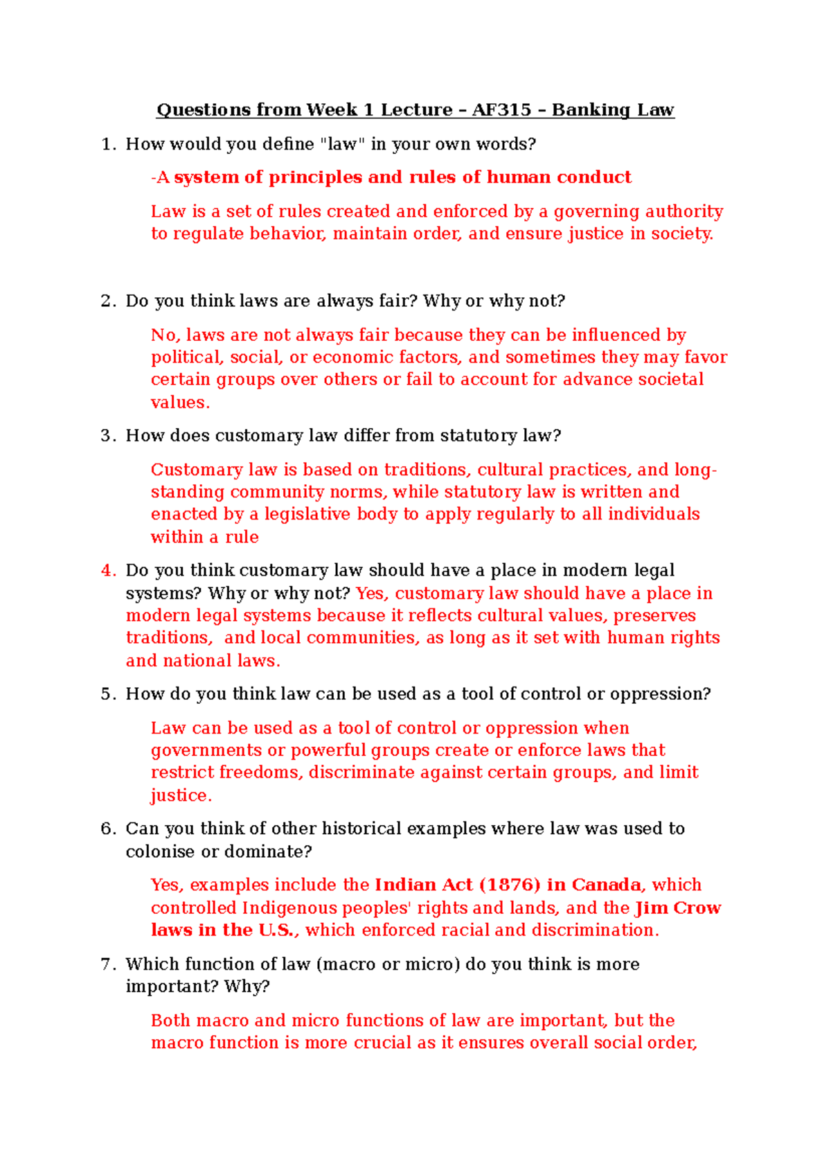 AF315 - Week 1 Lecture Questions on Banking Law Concepts - Studocu