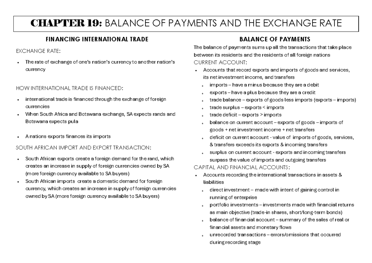 Chapter 19 - Balance of Payments & Exchange Rate Overview - Studocu