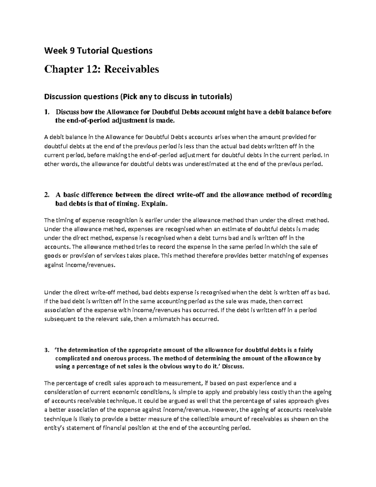 Week 9 Tutorial Questions Solutions: Chapter 12 Receivables Analysis ...