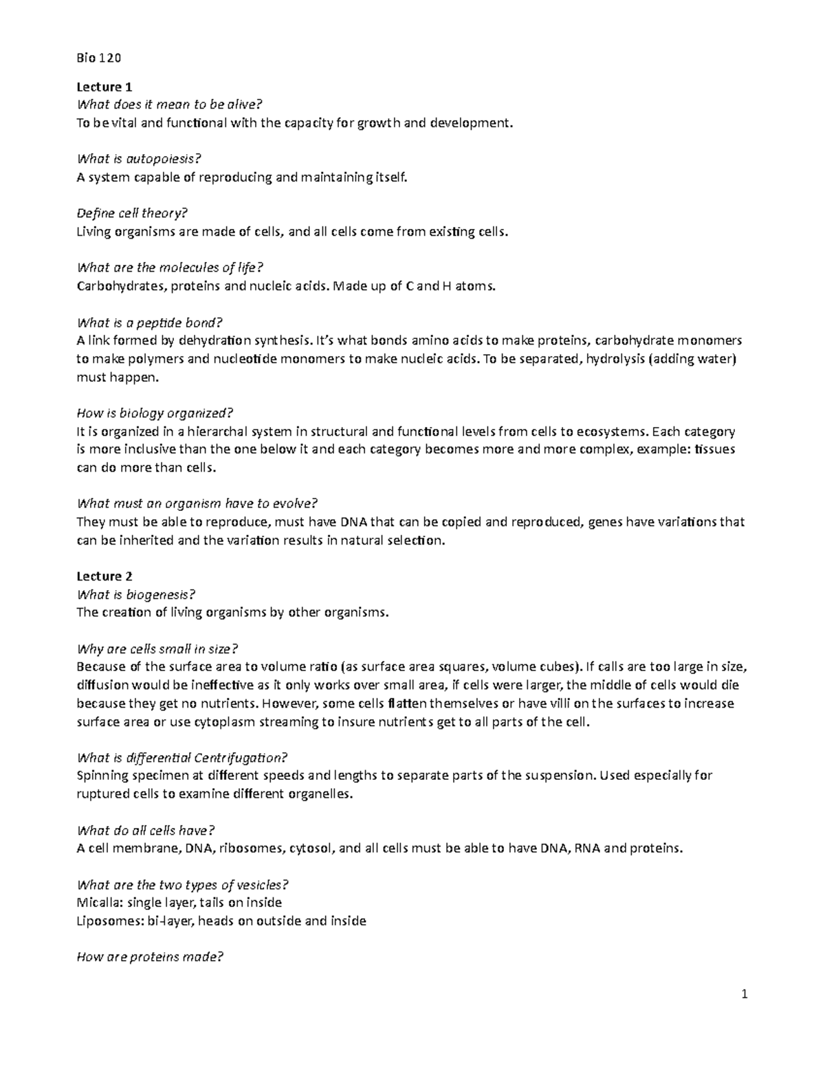 Summary - complete - Study guide with questions and answers - Bio 120 ...