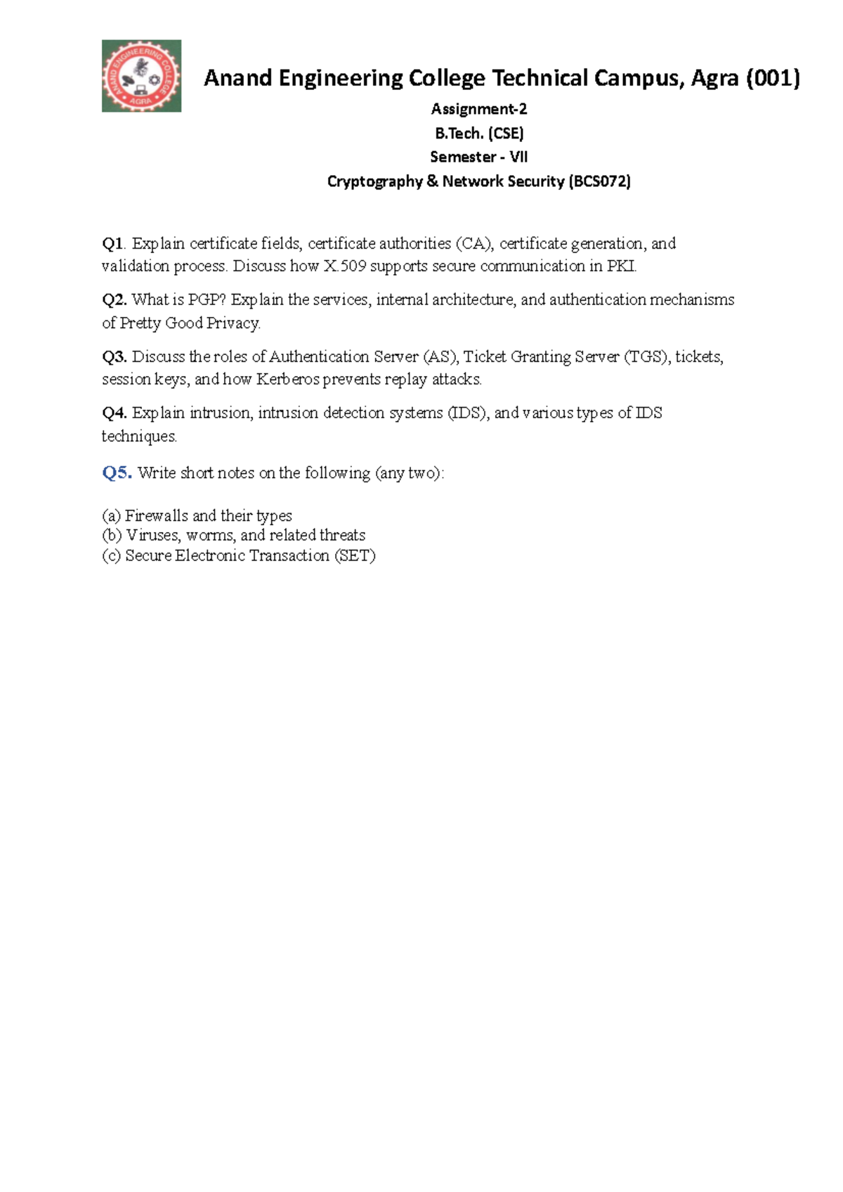 B.Tech (CSE) Sem VII - Cryptography & Network Security Assignment 2 ...
