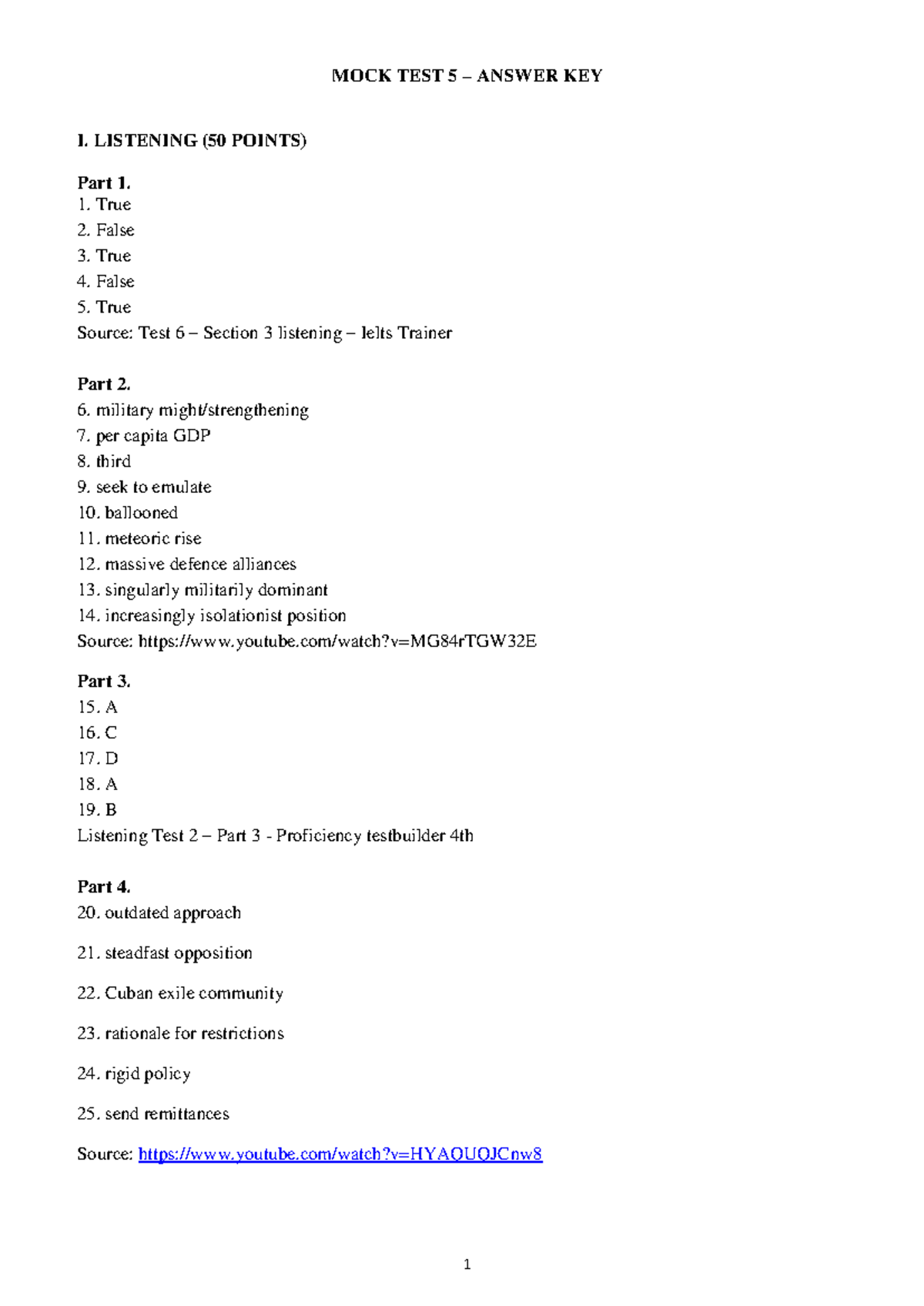 MOCK TEST 5 ANSWER KEY - LISTENING & READING SECTIONS - Studocu