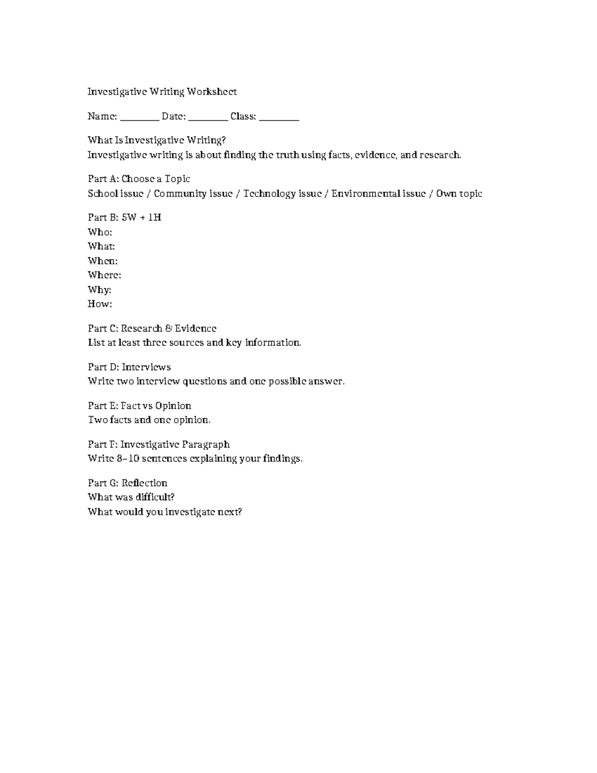Investigative Writing Worksheet: Exploring Truth Through Research - Studocu