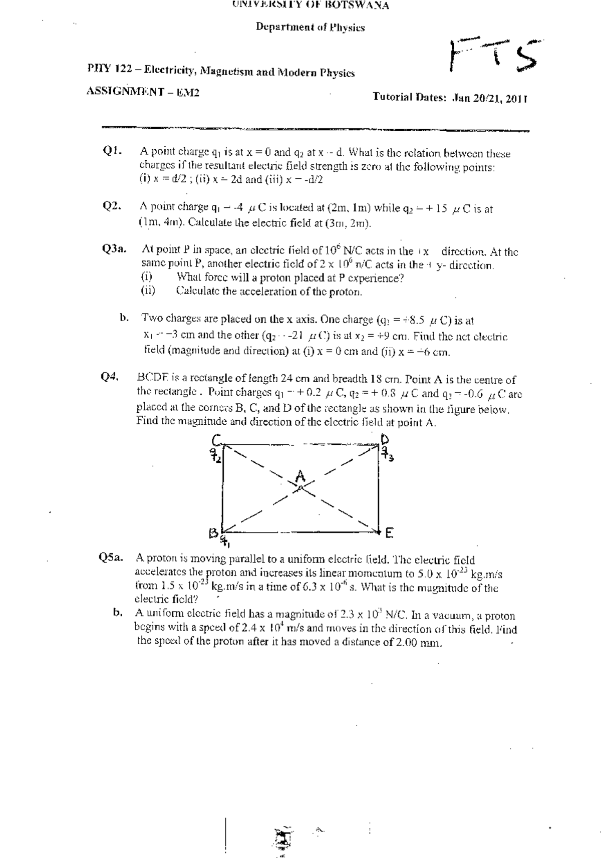 FTS PHY 122 Assignment EM2 Solutions: Electricity & Magnetism - Studocu