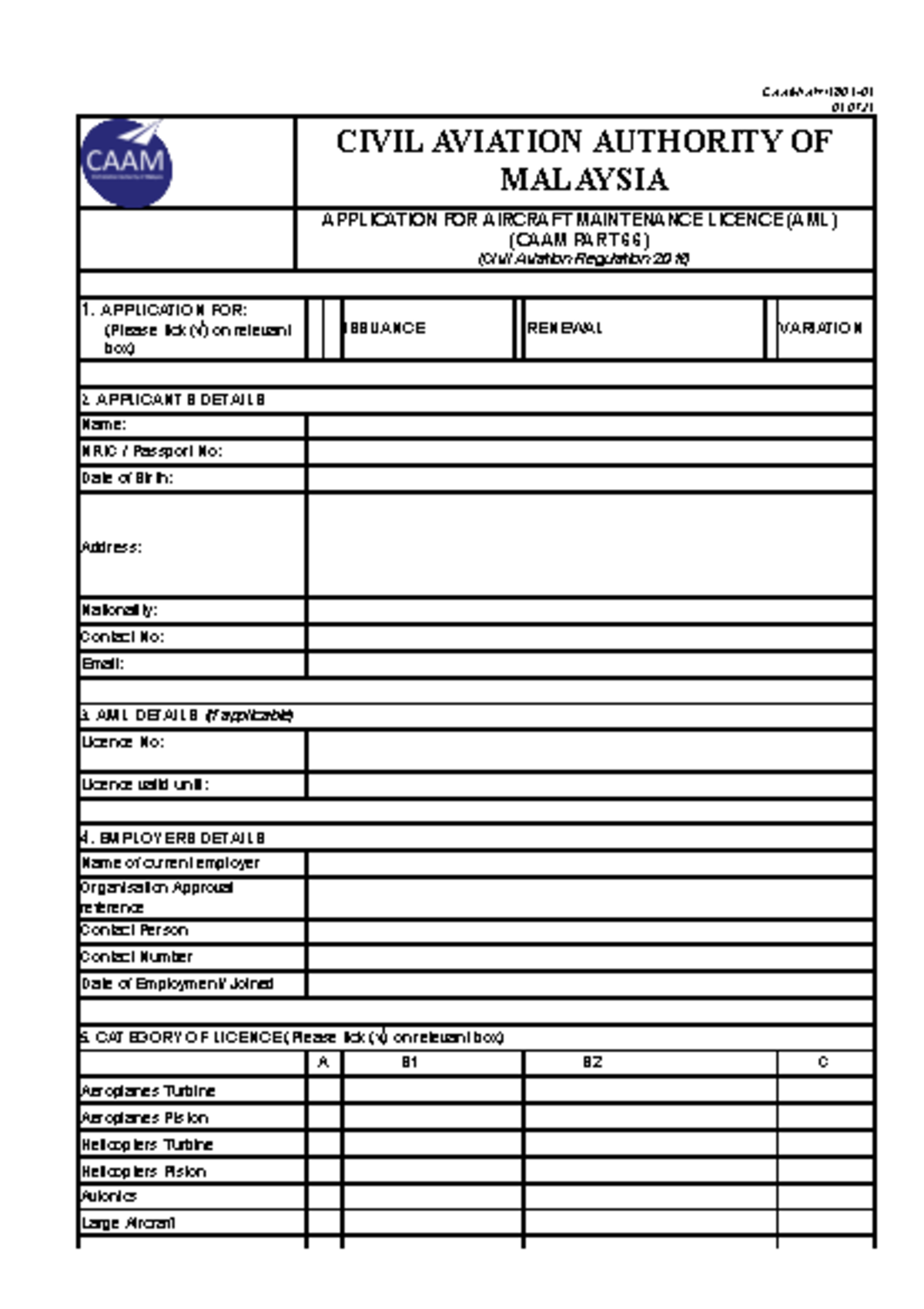 CAAM 1801-01 Application for Aircraft Maintenance Licence (AML) - Studocu