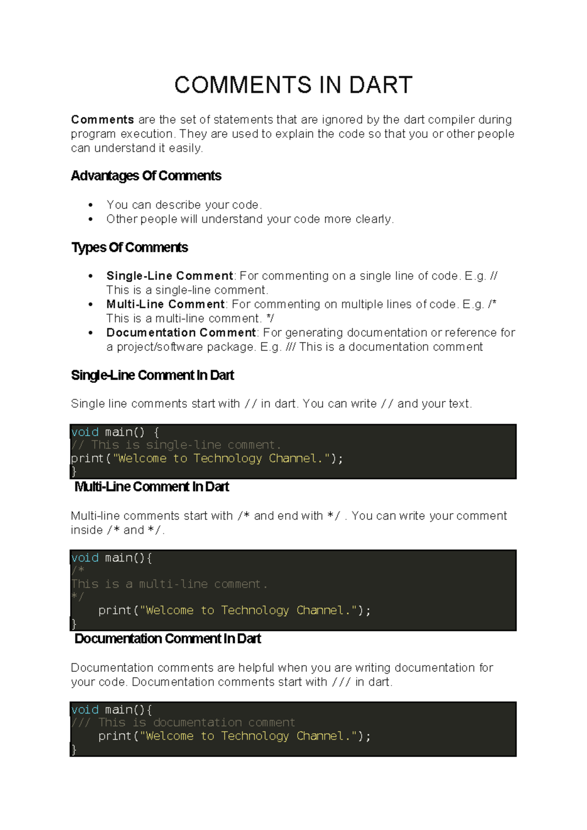 1.1Comments in Dart - vjhgkiuio - COMMENTS IN DART Comments are the set ...
