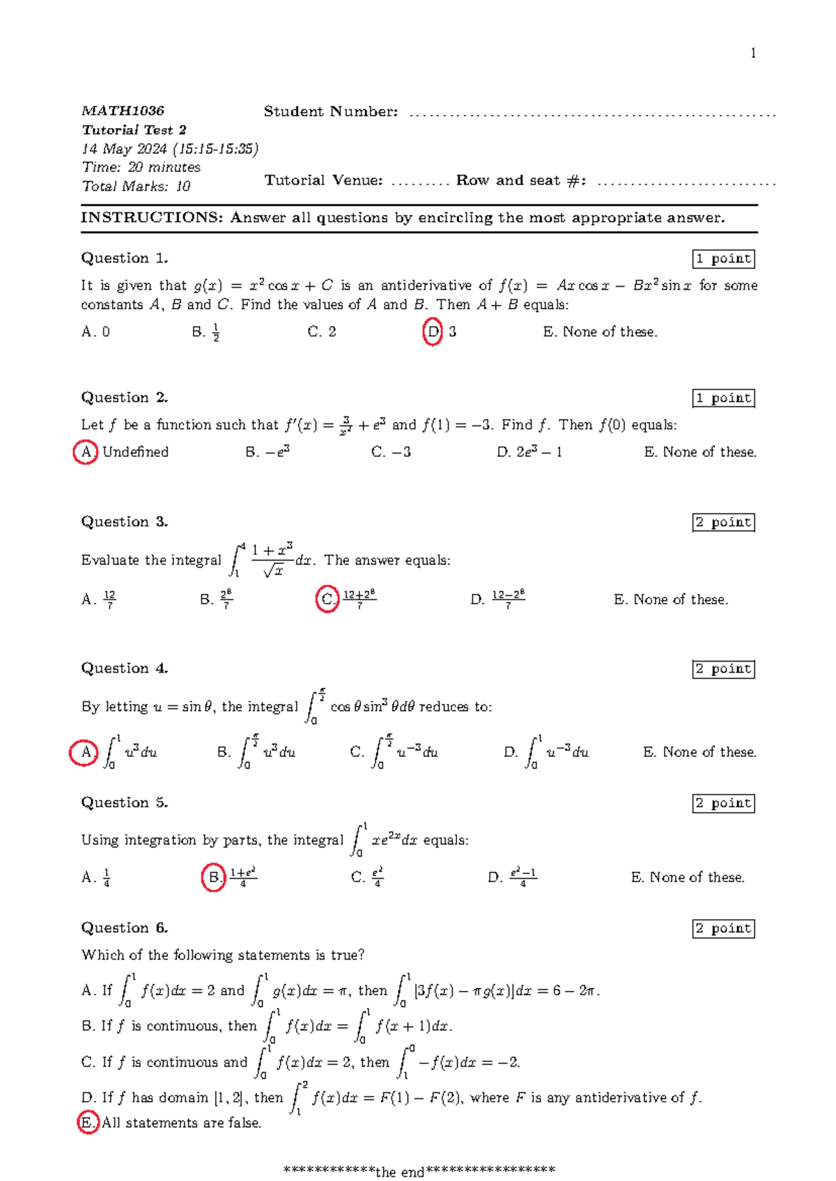 MATH1036 Tutorial Test 2 - Semester 1 Practice Questions - Studocu