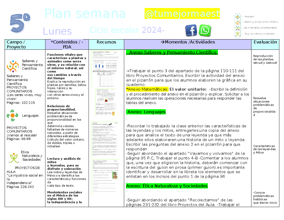 5° Plan 9 - Proyectos Comunitarios y Aprendizajes (2024-2025) - Studocu