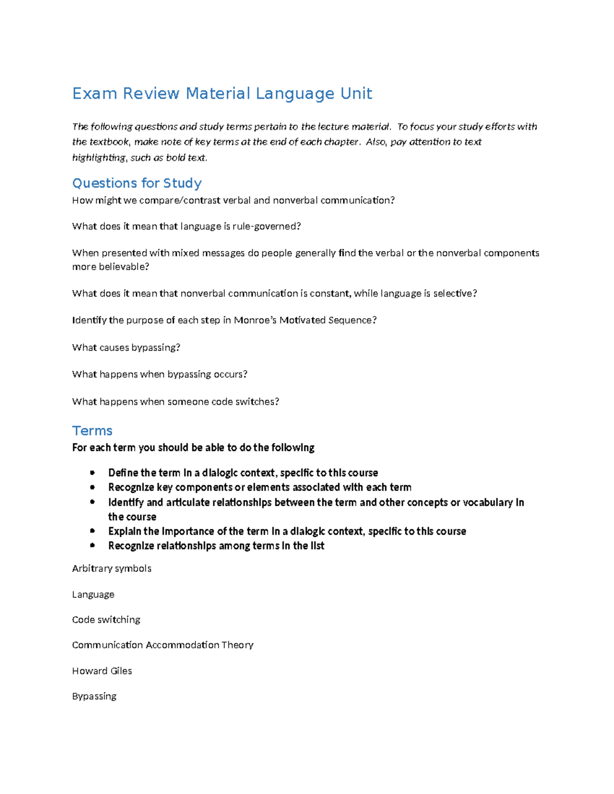 Language Unit Exam Review Material 2019: Key Terms & Questions - Studocu