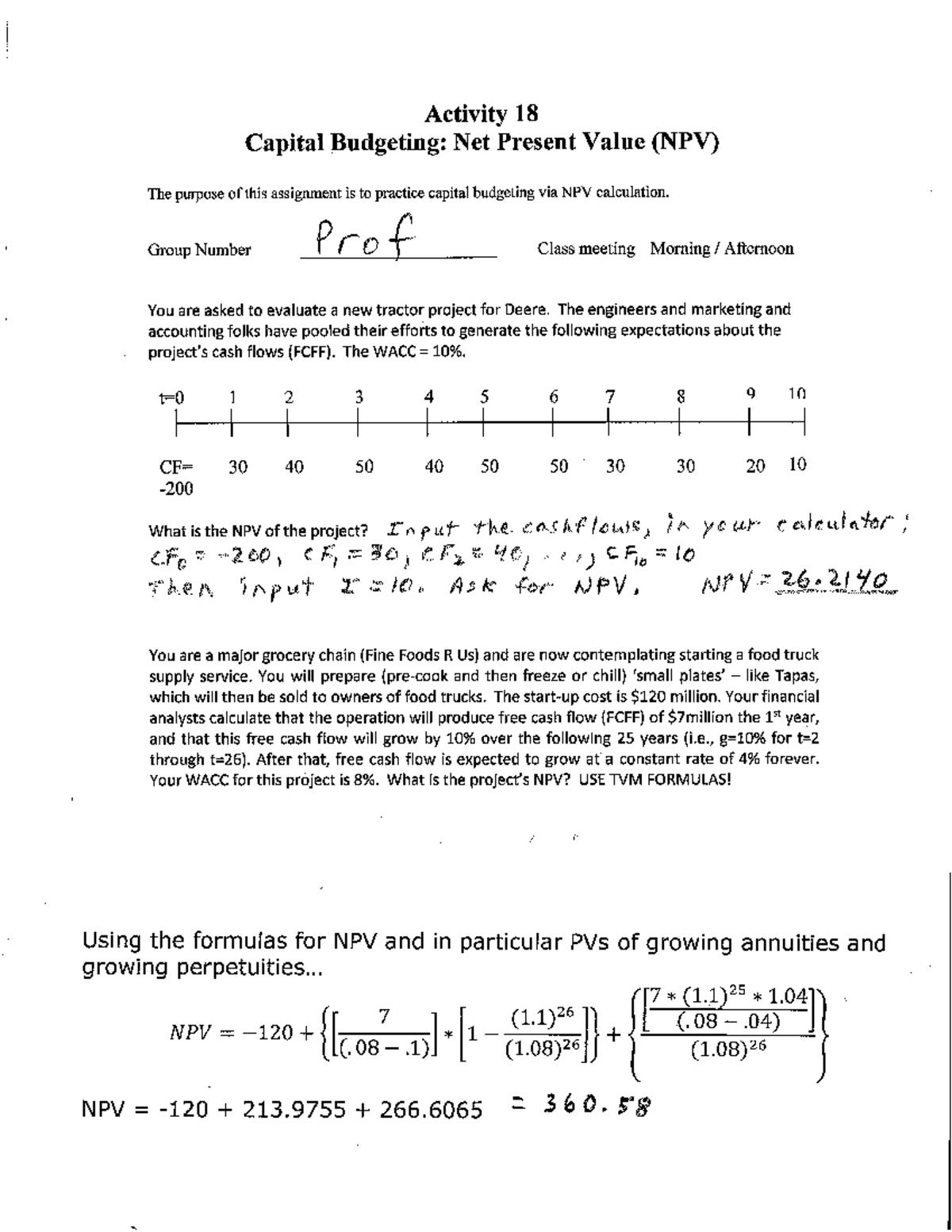 A18 Capital Budgeting NPV Calculations and Analysis Guide - Studocu