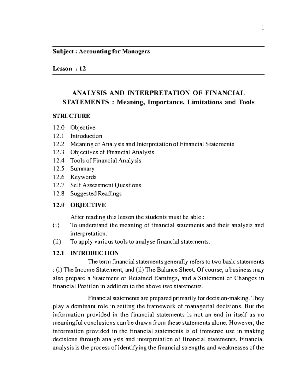 Chapter 12 - Subject : Accounting for Managers Lesson : 12 ANALYSIS AND ...