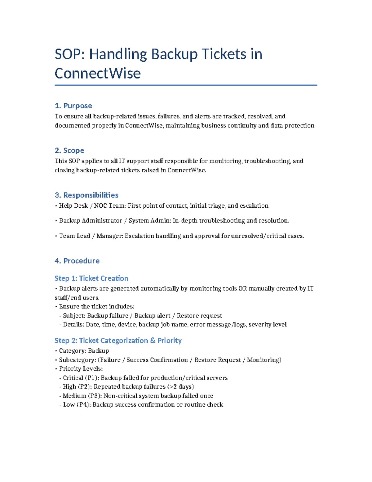SOP: Managing Backup Tickets in ConnectWise for IT Support - Studocu