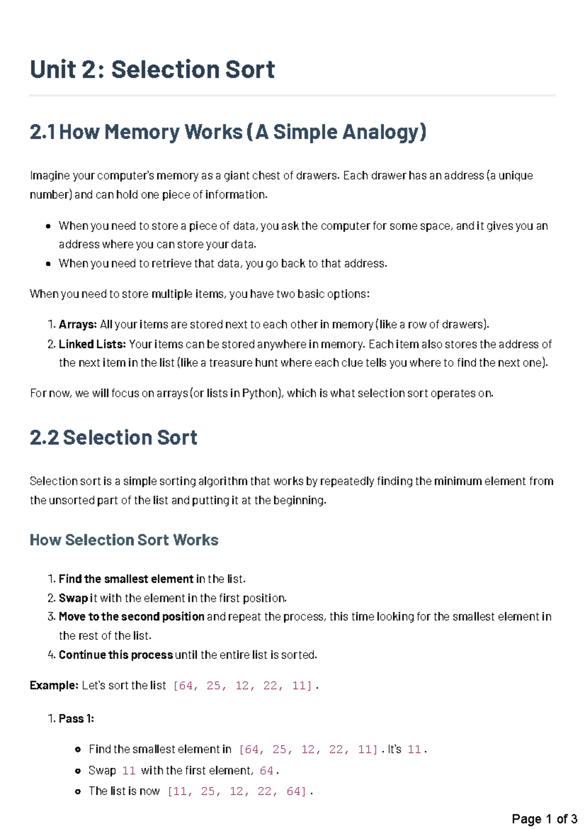 Unit 2: Selection Sort and Memory Concepts Explained - Studocu