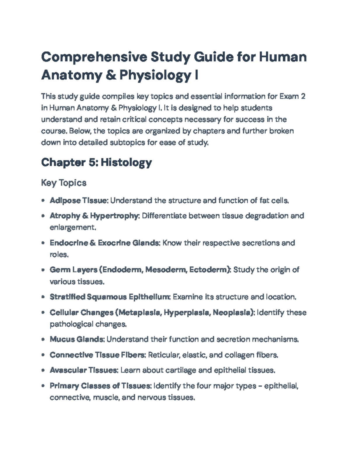 Comprehensive Study Guide for Human Anatomy & Physiology I: Exam 2 ...