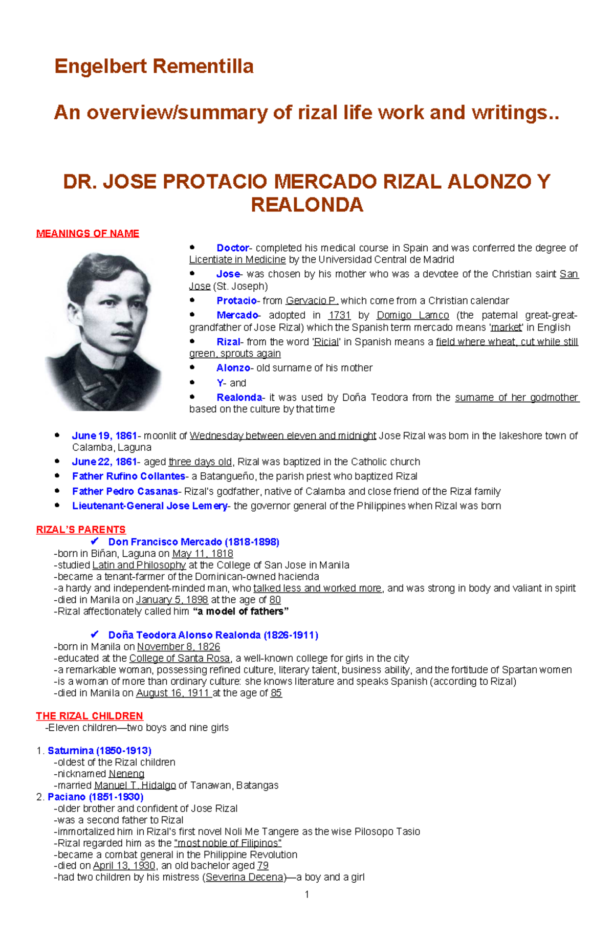 Rizal's Life, Works, and Writings: A Comprehensive Overview (DR. JOSE ...