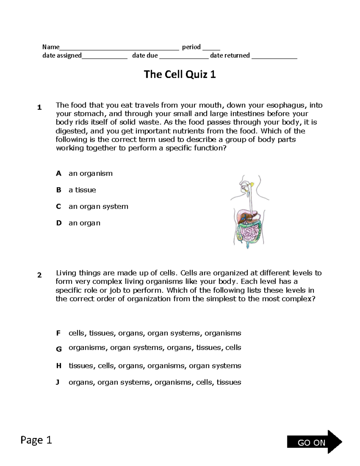 Cell Quiz 1 - revision - Name__________________________________ period ...