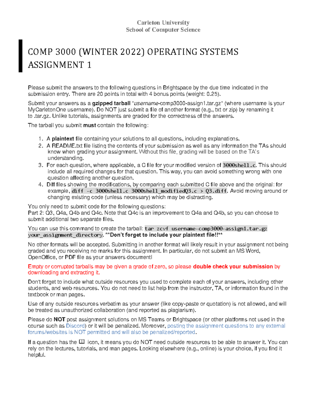 COMP 3000 Winter 2022 Operating Systems Assignment 1 Instructions - Studocu