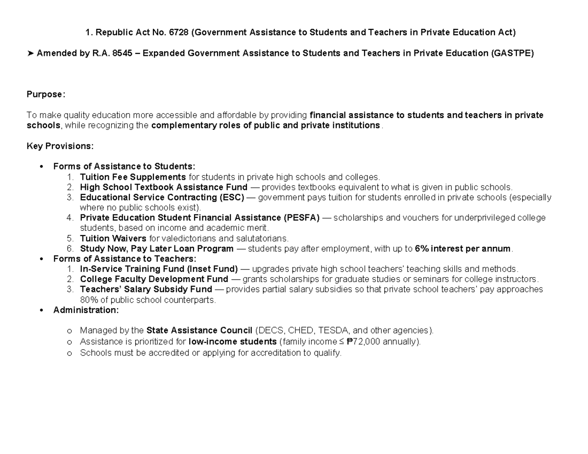 Republic Act Summaries: Education and Protection Laws (Edu 011) - Studocu