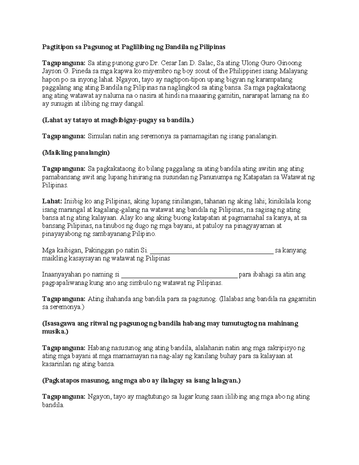 Ceremony Script for the Philippine Flag Burial Ceremony - Studocu