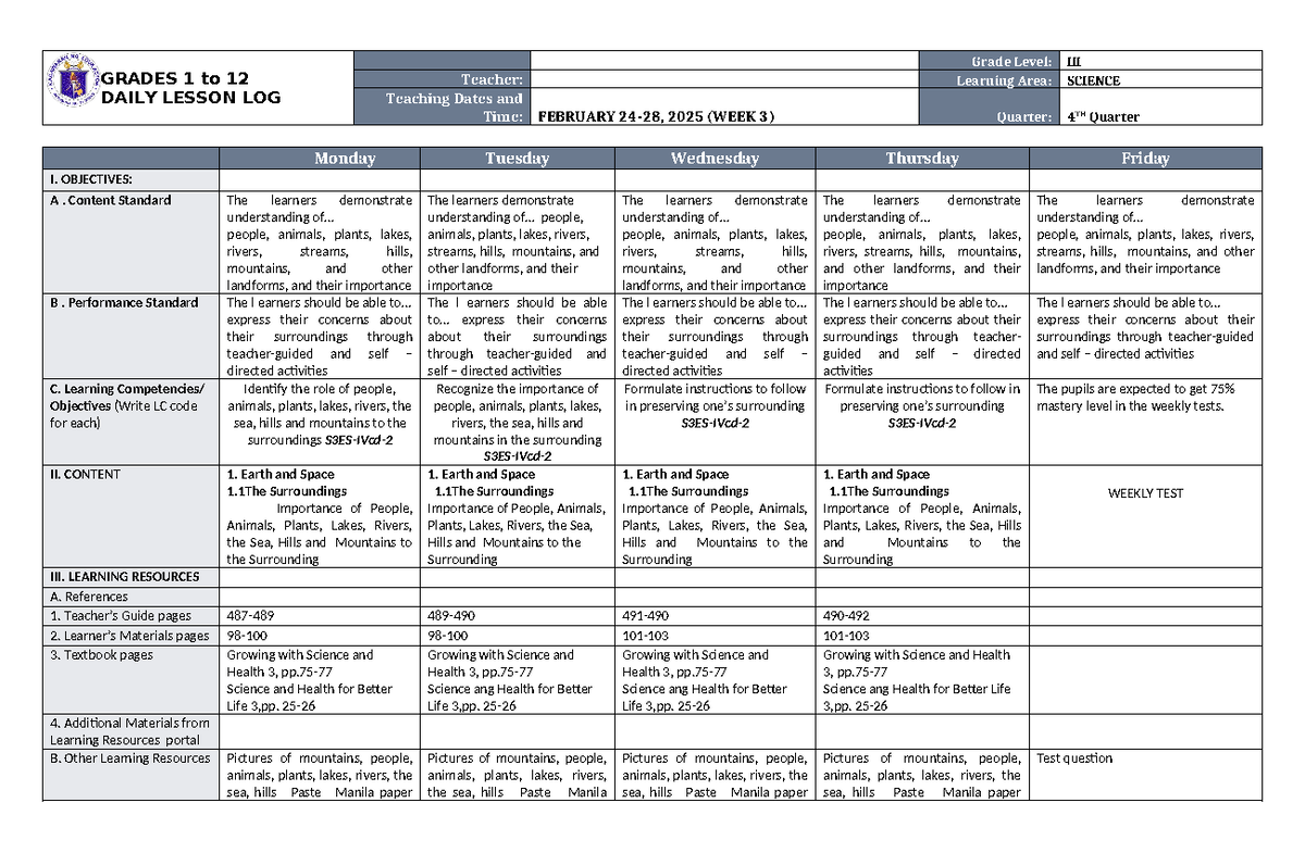 DLL Science 3 Q4 W3 v2 - English version - GRADES 1 to 12 DAILY LESSON ...