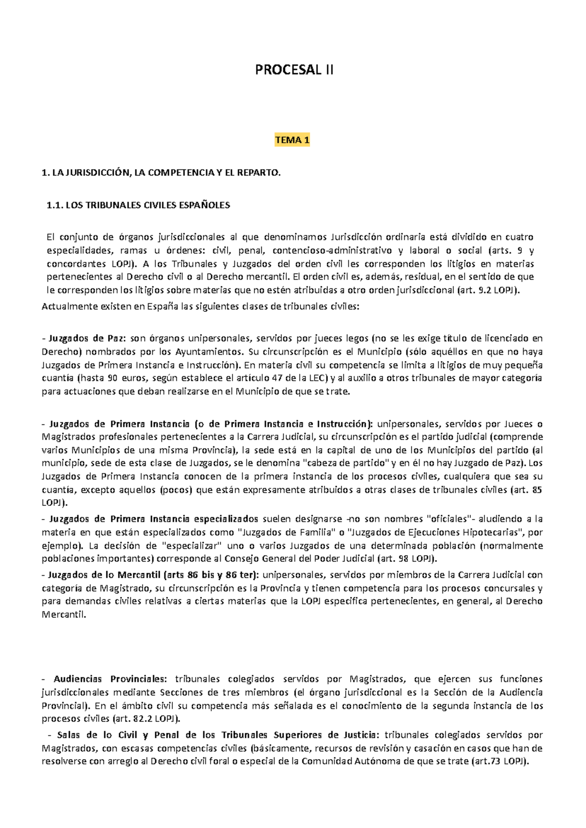 PROCESAL II - TEMA 1: JURISDICCIÓN Y COMPETENCIA EN TRIBUNALES CIVILES ...