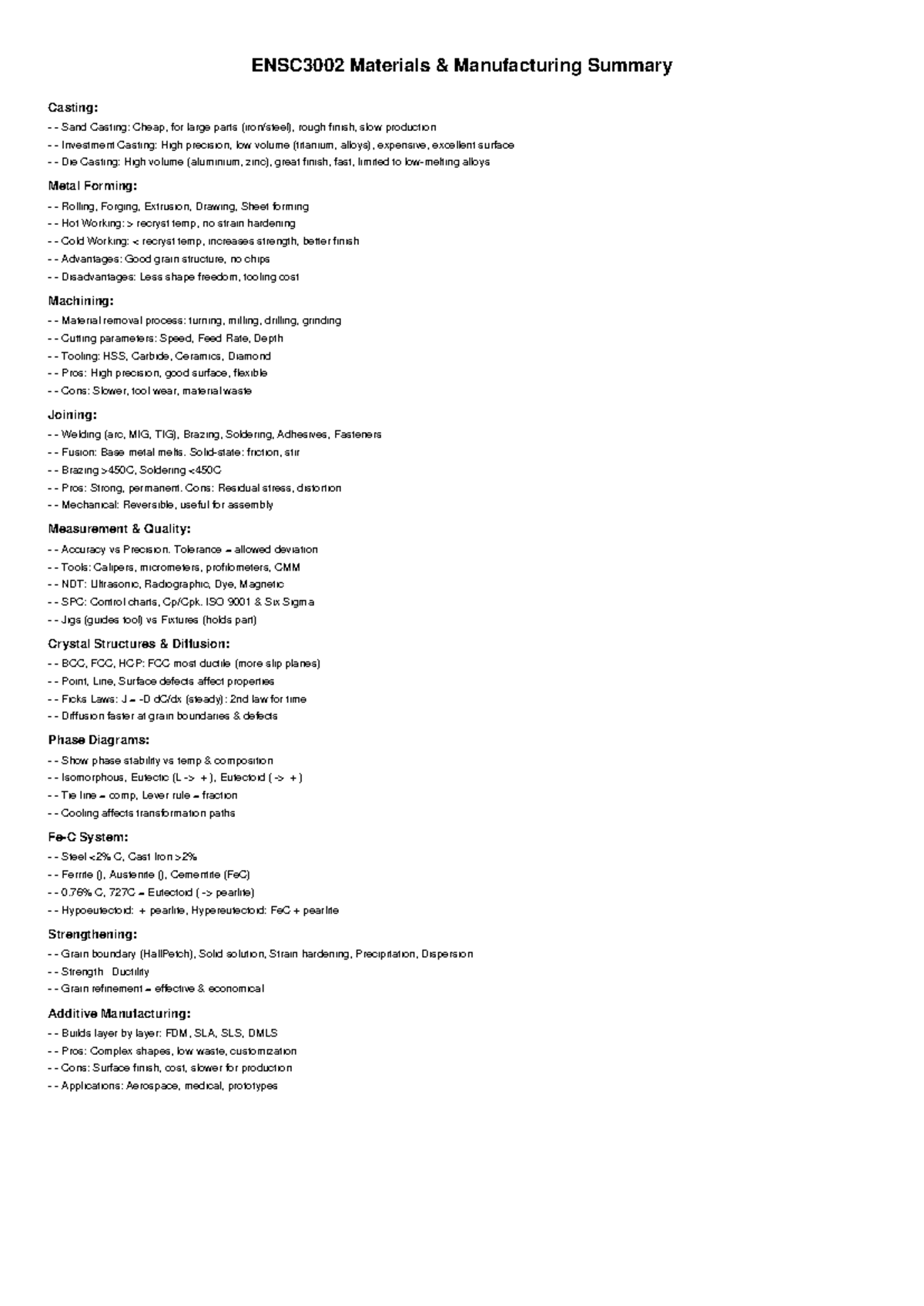 ENSC3002 Materials Manufacturing Summary: Key Concepts & Processes ...