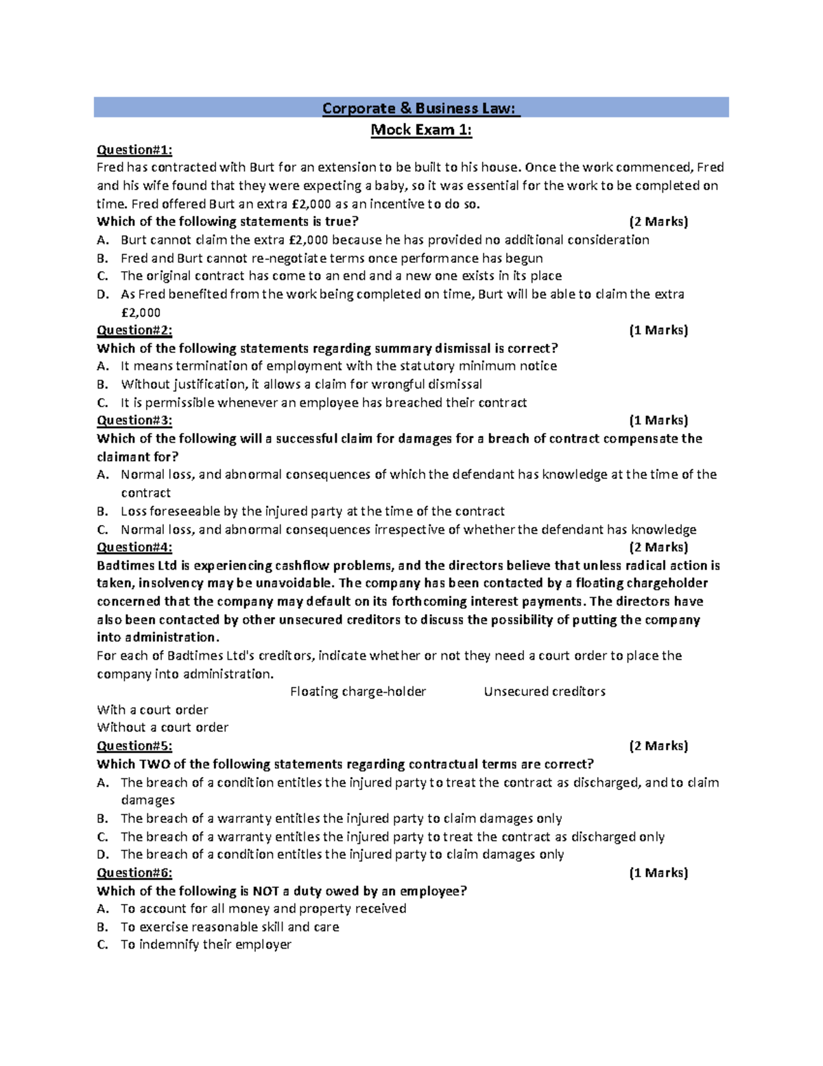 Corporate Business Law F4: Mock Exam 1 Questions and Answers - Studocu