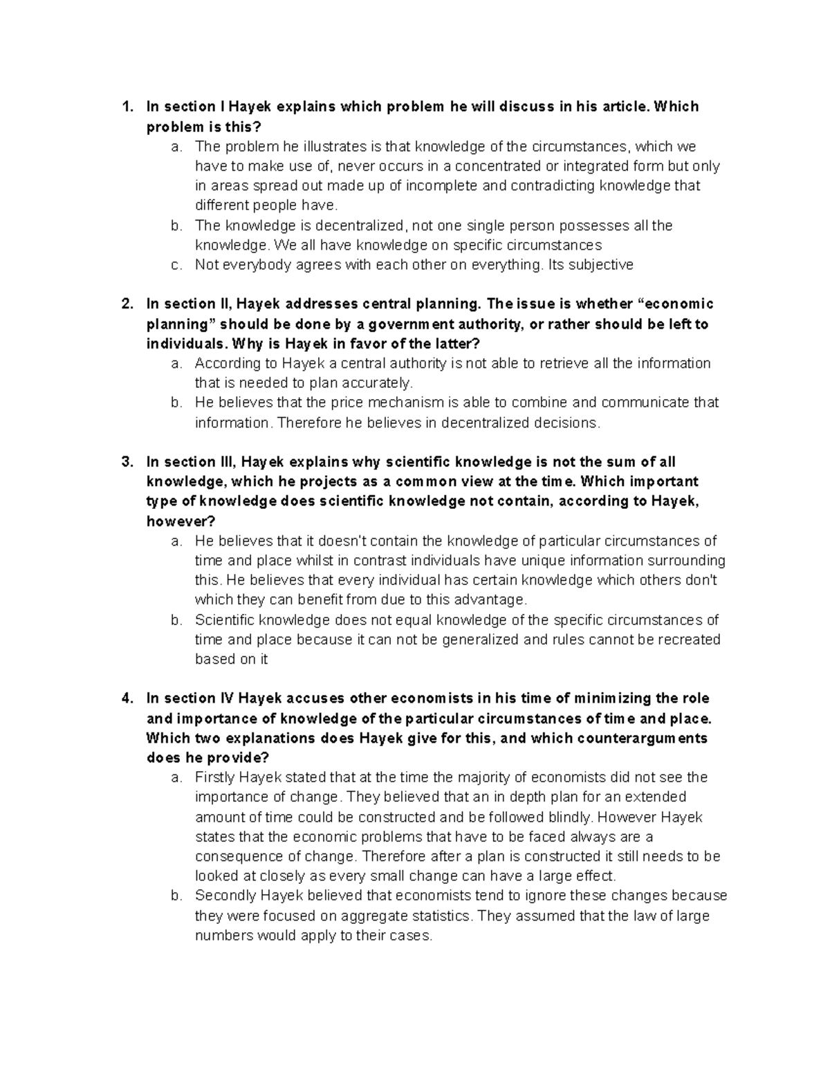 Friedrich von Hayek: Key Questions on Knowledge and Economics - Studeersnel