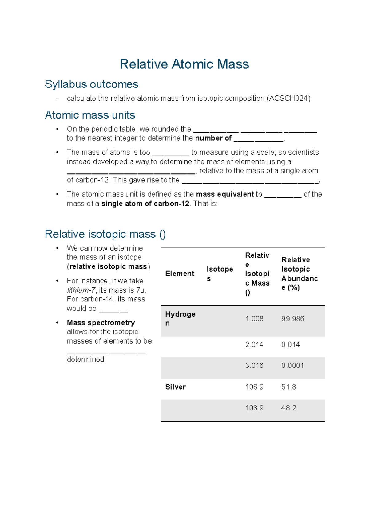 Chem 101 - Relative Atomic Mass Practice Questions - Studocu